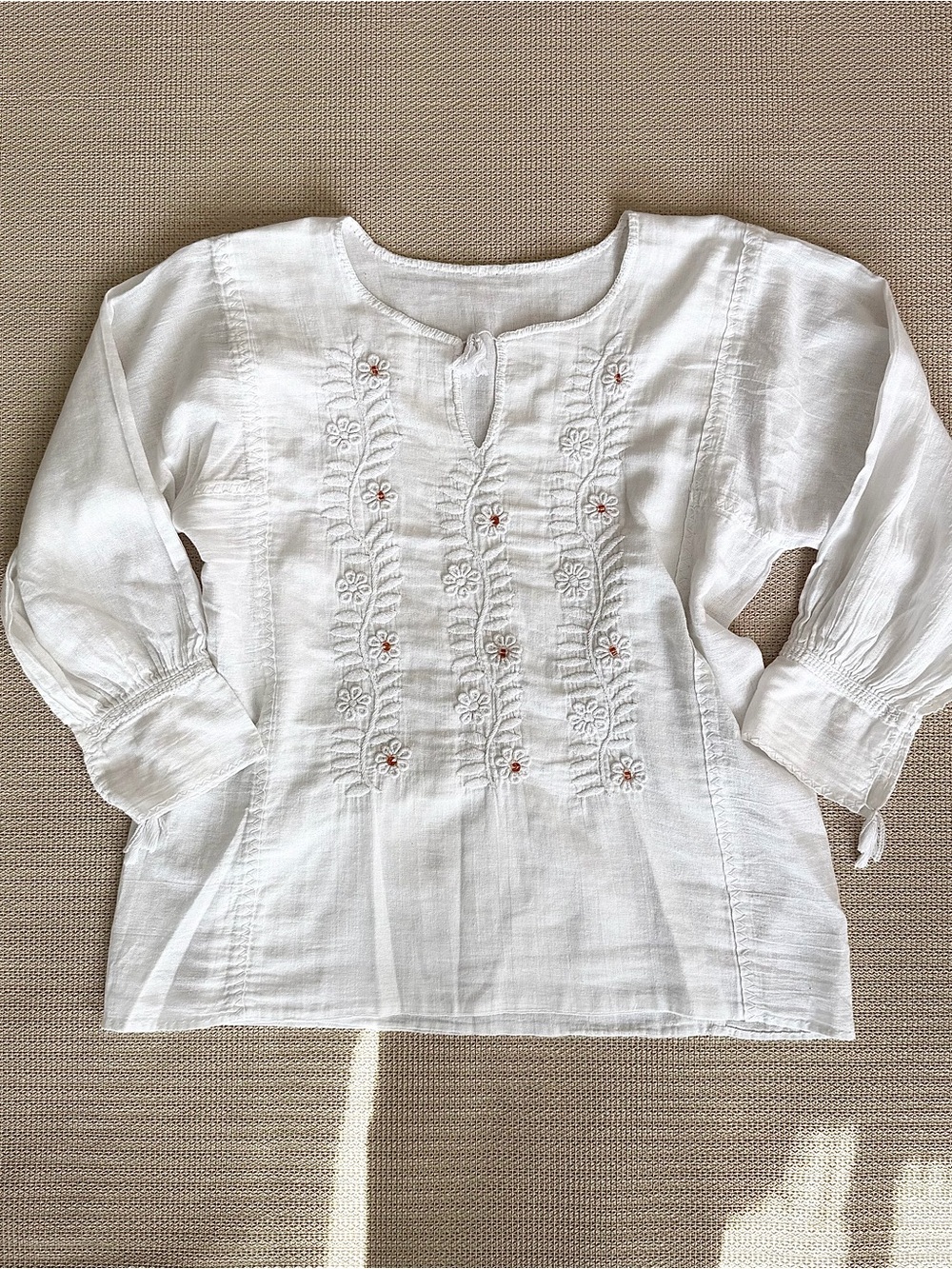 White Embroidered Peasant Blouse Tie details